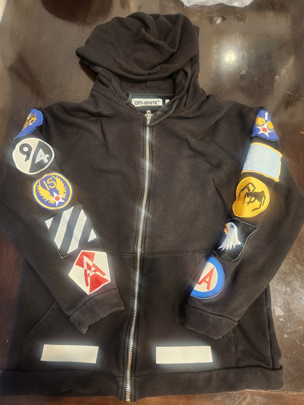 Off-White Black Zip Hoodie with Multicolor Sleeve Patches Made in Italy